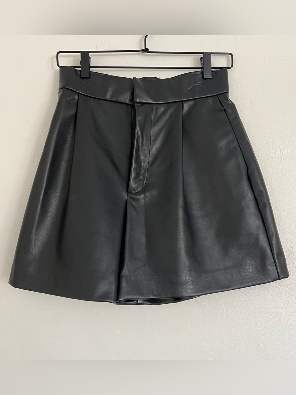 Zara Black Faux Leather High-Waist pleated shorts
